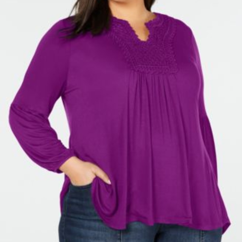 Style & Co V Neck Peasant Crochet Top Long Sleeve
